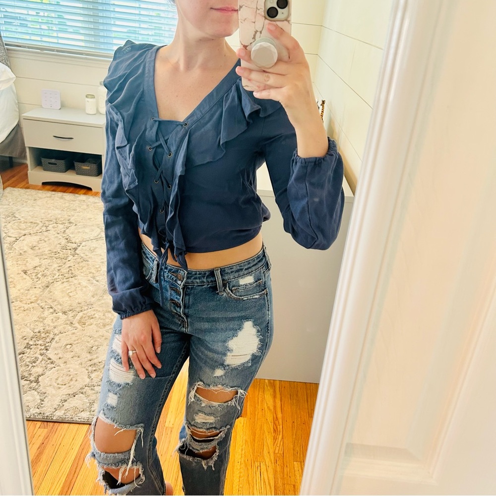 American Rag Blue Ruffle Long Sleeve Crop Top - Picture 2 of 5